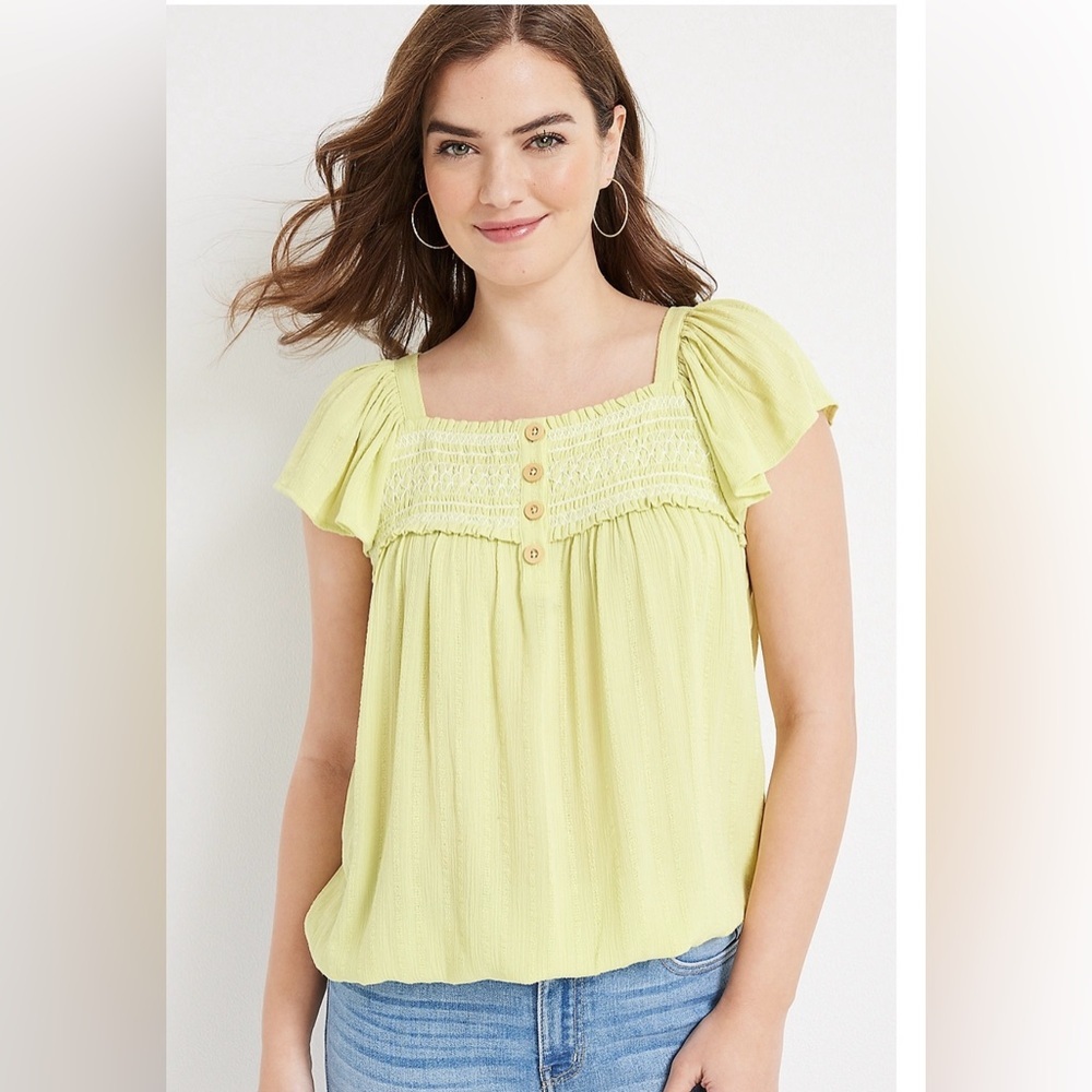 Maurice’s Smocked Light Green/Yellow Button Front Blouse Size 2X